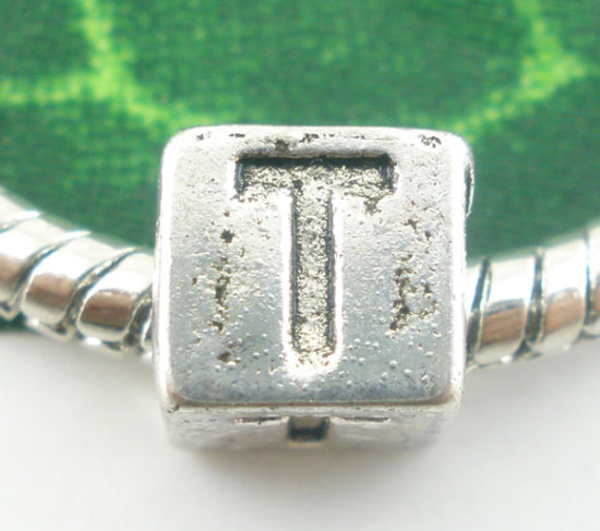 Bild von Zinklegierung European Stil Charm Großlochperlen Antik Silber Würfel Buchstaben "T" 7mmx7mm Loch:Ca 4.7mm, 20 Stücke