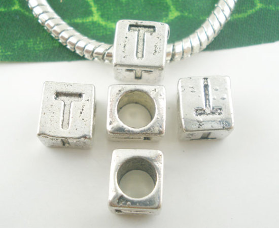 Immagine di 20 Pz Lega di Zinco Perline di Fascino con Foro Grande in Stile Europeo Argento Antico Cubo Lettera Maiuscola Lettere " T " 7mm x 7mm, Foro:Circa 4.7mm