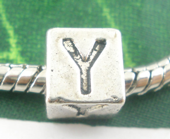 Bild von Zinklegierung European Stil Charm Großlochperlen Antik Silber Würfel Buchstaben "Y" 7mmx7mm Loch:Ca 4.7mm, 20 Stücke