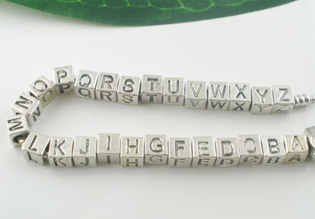 26 PCs Zinc Based Alloy European Style Large Hole Charm Beads Antique Silver Color Cube Capital Alphabet Initial Letter Message " A-Z " 7mm x 7mm, Hole: Approx 4.7mm
