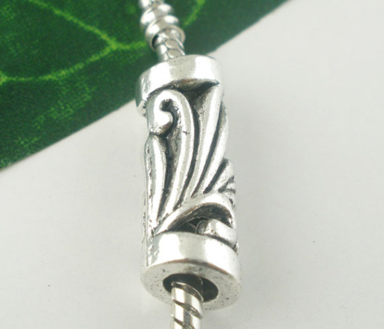 Immagine di Lega di Zinco Perline di Fascino con Foro Grande in Stile Europeo Argento Antico Tubo Filigrana 25mm x 9mm, Foro:Circa 4.8mm, 10 Pz