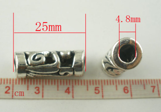 Immagine di Lega di Zinco Perline di Fascino con Foro Grande in Stile Europeo Argento Antico Tubo Filigrana 25mm x 9mm, Foro:Circa 4.8mm, 10 Pz