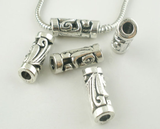 Immagine di Lega di Zinco Perline di Fascino con Foro Grande in Stile Europeo Argento Antico Tubo Filigrana 25mm x 9mm, Foro:Circa 4.8mm, 10 Pz