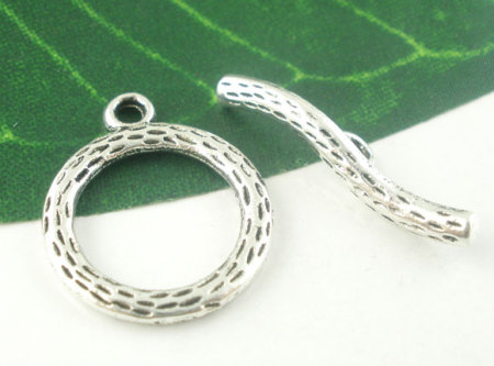 Picture of 20 Sets Zinc Based Alloy Toggle Clasps Round Antique Silver Color Wood Grain 22x19mm 26x5mm