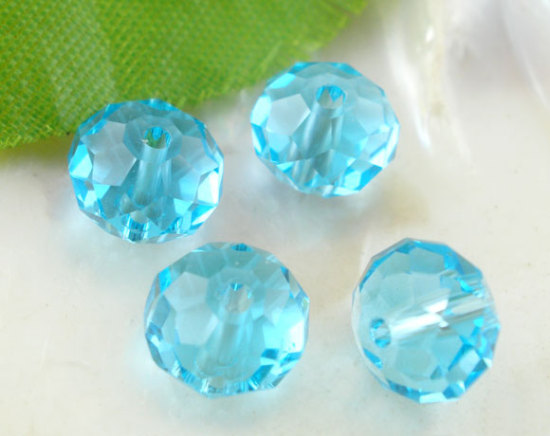 Picture of Crystal Glass Loose Beads Round Lake Blue Transparent Faceted About 8mm Dia. - 7mm Dia., Hole: Approx 1.3mm, 70 PCs