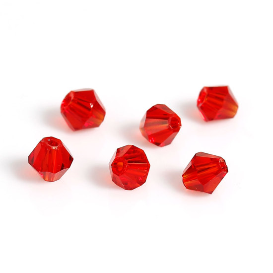 Picture of Crystal Glass Loose Beads Bicone Red Transparent Faceted About 4mm( 1/8") x 4mm( 1/8"), Hole: Approx 0.8mm, 400 PCs