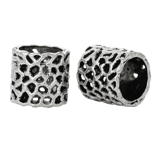 Picture of Zinc Metal Alloy European Style Large Hole Charm Beads Cylinder Antique Silver Flower Hollow Pattern About 8mm x 8mm, Hole: Approx 6.4mm, 50 PCs