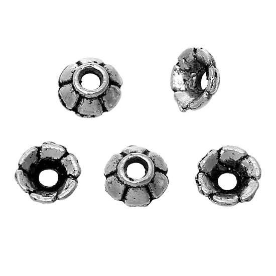 Immagine di Lega di Zinco Coppette Copriperla Fiore Argento Antico (Addetti 4mm-5mm Perline) 2mm x 3mm, 500 Pz