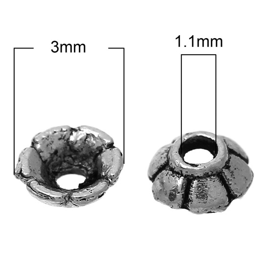 Immagine di Lega di Zinco Coppette Copriperla Fiore Argento Antico (Addetti 4mm-5mm Perline) 2mm x 3mm, 500 Pz