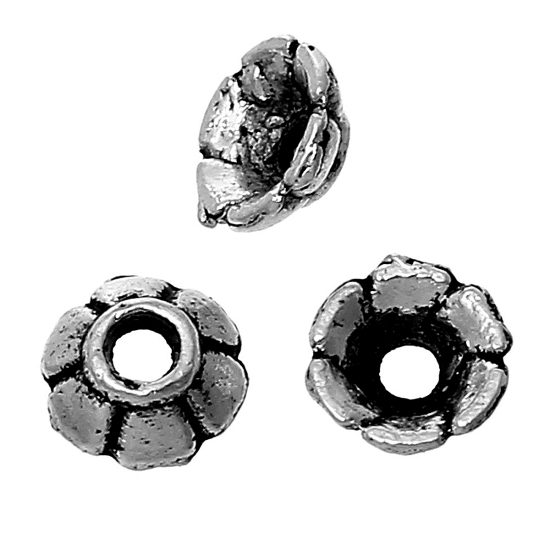 Immagine di Lega di Zinco Coppette Copriperla Fiore Argento Antico (Addetti 4mm-5mm Perline) 2mm x 3mm, 500 Pz