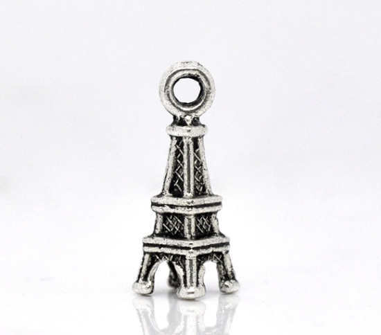 Picture of Zinc Metal Alloy 3D Charm Pendants Eiffel Tower Antique Silver Color 18mm( 6/8") x 6mm( 2/8"), 30 PCs