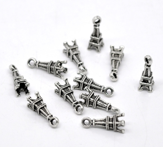 Picture of Zinc Metal Alloy 3D Charm Pendants Eiffel Tower Antique Silver Color 18mm( 6/8") x 6mm( 2/8"), 30 PCs