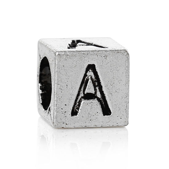 Immagine di 20 Pz Lega di Zinco Perline di Fascino con Foro Grande in Stile Europeo Argento Antico Cubo Lettera Maiuscola Lettere " A " 7mm x 7mm, Foro:Circa 4.7mm