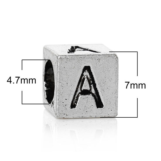 Immagine di 20 Pz Lega di Zinco Perline di Fascino con Foro Grande in Stile Europeo Argento Antico Cubo Lettera Maiuscola Lettere " A " 7mm x 7mm, Foro:Circa 4.7mm