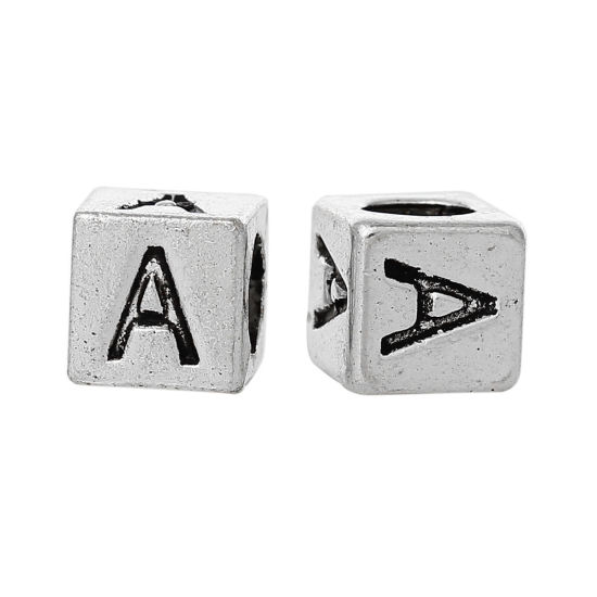 Immagine di 20 Pz Lega di Zinco Perline di Fascino con Foro Grande in Stile Europeo Argento Antico Cubo Lettera Maiuscola Lettere " A " 7mm x 7mm, Foro:Circa 4.7mm