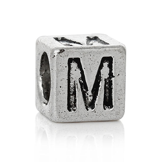 Immagine di 20 Pz Lega di Zinco Perline di Fascino con Foro Grande in Stile Europeo Argento Antico Cubo Lettera Maiuscola Lettere " M " 7mm x 7mm, Foro:Circa 4.7mm