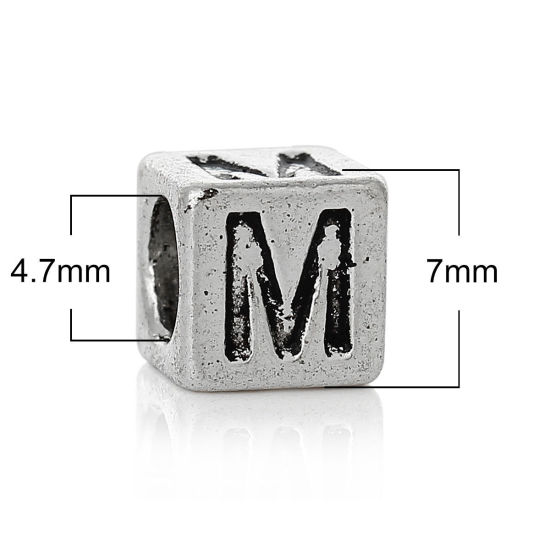 Immagine di 20 Pz Lega di Zinco Perline di Fascino con Foro Grande in Stile Europeo Argento Antico Cubo Lettera Maiuscola Lettere " M " 7mm x 7mm, Foro:Circa 4.7mm