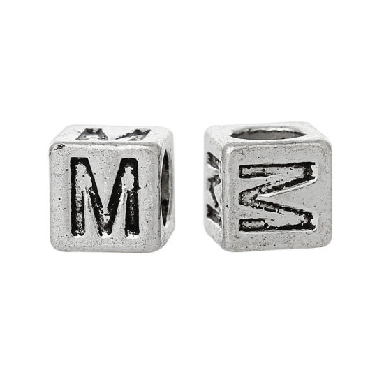 Immagine di 20 Pz Lega di Zinco Perline di Fascino con Foro Grande in Stile Europeo Argento Antico Cubo Lettera Maiuscola Lettere " M " 7mm x 7mm, Foro:Circa 4.7mm