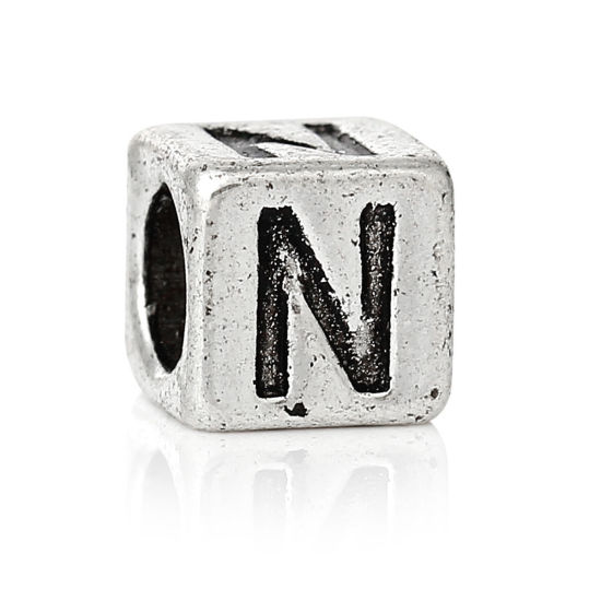 Immagine di 20 Pz Lega di Zinco Perline di Fascino con Foro Grande in Stile Europeo Argento Antico Cubo Lettera Maiuscola Lettere " N " 7mm x 7mm, Foro:Circa 4.7mm