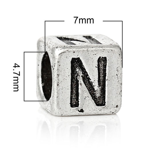 Immagine di 20 Pz Lega di Zinco Perline di Fascino con Foro Grande in Stile Europeo Argento Antico Cubo Lettera Maiuscola Lettere " N " 7mm x 7mm, Foro:Circa 4.7mm