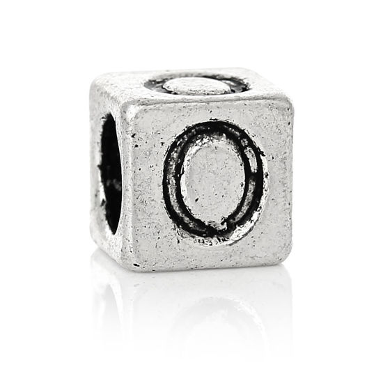Immagine di 20 Pz Lega di Zinco Perline di Fascino con Foro Grande in Stile Europeo Argento Antico Cubo Lettera Maiuscola Lettere " O " 7mm x 7mm, Foro:Circa 4.7mm