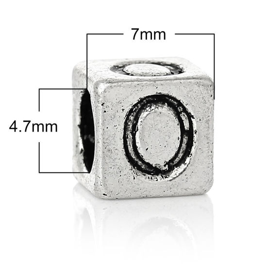 Immagine di 20 Pz Lega di Zinco Perline di Fascino con Foro Grande in Stile Europeo Argento Antico Cubo Lettera Maiuscola Lettere " O " 7mm x 7mm, Foro:Circa 4.7mm