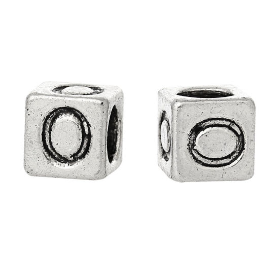 Immagine di 20 Pz Lega di Zinco Perline di Fascino con Foro Grande in Stile Europeo Argento Antico Cubo Lettera Maiuscola Lettere " O " 7mm x 7mm, Foro:Circa 4.7mm