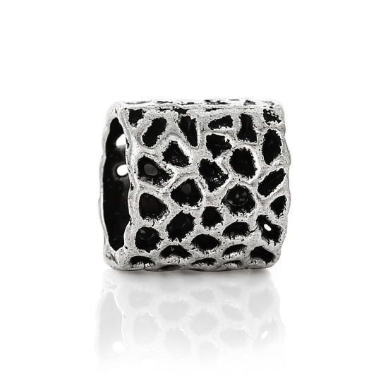 Изображение 50 ШТ Цинковый Сплав Бусины с большим отверстием в европейском стиле Античное Серебро Цилиндр ажурная резьба 8мм x 8мм, Отверстие:примерно 6.4мм