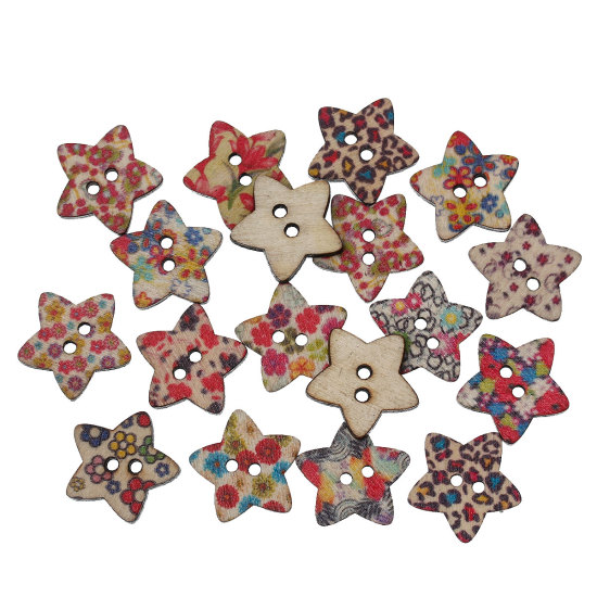 Imagen de 9 Unidades Madera Naturales Botón de Costura Scrapbooking Dos Agujeros Estrellas de cinco puntos Al Azar Color Mezclado Flor 20mm x 19mm
