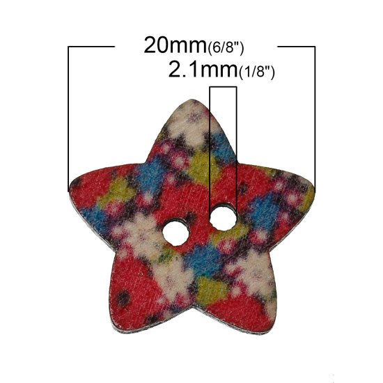 Imagen de 9 Unidades Madera Naturales Botón de Costura Scrapbooking Dos Agujeros Estrellas de cinco puntos Al Azar Color Mezclado Flor 20mm x 19mm
