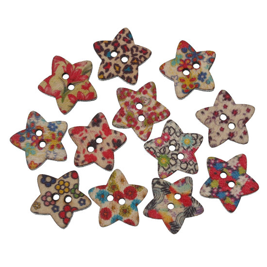 Imagen de 9 Unidades Madera Naturales Botón de Costura Scrapbooking Dos Agujeros Estrellas de cinco puntos Al Azar Color Mezclado Flor 20mm x 19mm