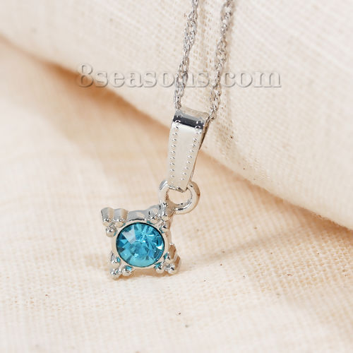 Picture of Jewelry Necklace Rhombus Silver Tone Blue Rhinestone 44cm(17 3/8") long, 3 PCs