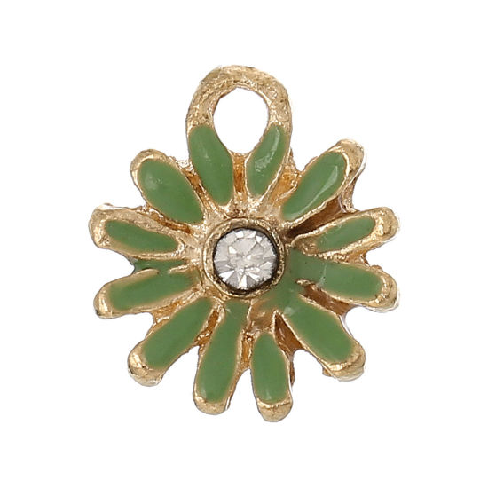 Picture of Zinc Based Alloy Charms Daisy Flower KC Gold Plated Green Enamel Clear Rhinestone 12mm x 11mm( 4/8" x 3/8"), 10 PCs