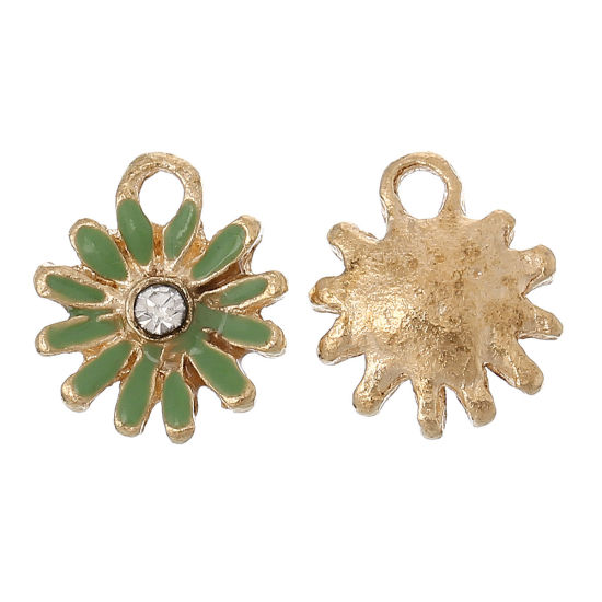 Picture of Zinc Based Alloy Charms Daisy Flower KC Gold Plated Green Enamel Clear Rhinestone 12mm x 11mm( 4/8" x 3/8"), 10 PCs