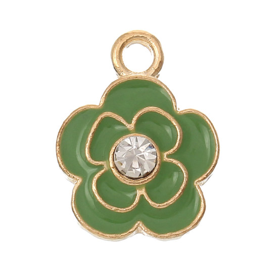 Picture of Zinc Metal Alloy Charm Pendants Flower KC Gold Plated Green Enamel Clear Rhinestone 17mm x 13mm( 5/8" x 4/8"), 10 PCs