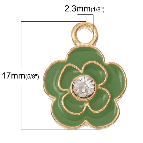Picture of Zinc Metal Alloy Charm Pendants Flower KC Gold Plated Green Enamel Clear Rhinestone 17mm x 13mm( 5/8" x 4/8"), 10 PCs
