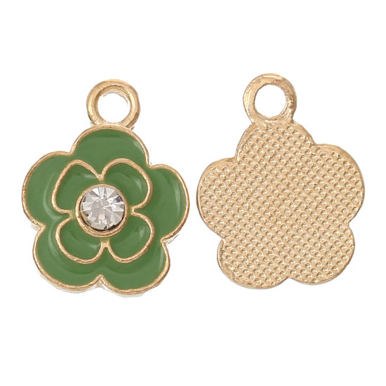 Picture of Zinc Metal Alloy Charm Pendants Flower KC Gold Plated Green Enamel Clear Rhinestone 17mm x 13mm( 5/8" x 4/8"), 10 PCs