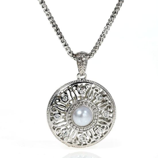 Picture of Jewelry Necklace Round Silver Tone Clear Rhinestone Acrylic Imitation Pearl 65.5cm(25 6/8") long, 1 Piece