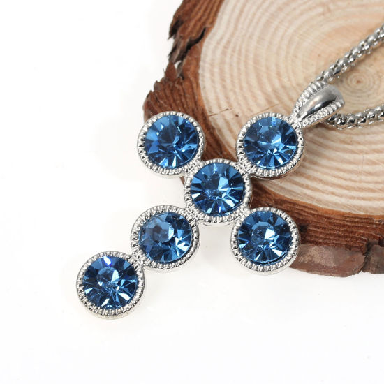 Picture of Jewelry Necklace Cross Silver Tone Blue Rhinestone 65cm(25 5/8") long, 1 Piece