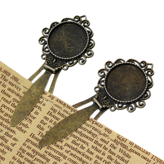 Picture of Metal Bookmarks Round Antique Bronze Cabochon Setting(Fits 20mm Dia) Lead & Nickel Free 8.1cm x 3.1cm(3 2/8" x1 2/8"),5PCs