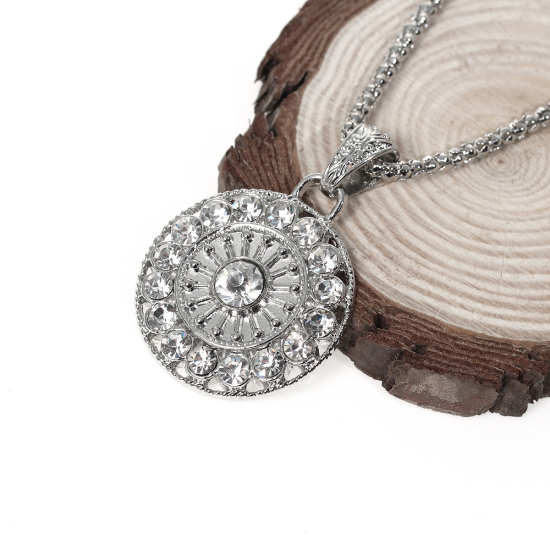 Picture of Jewelry Necklace Round Silver Tone Clear Rhinestone 65cm(25 5/8") long, 1 Piece