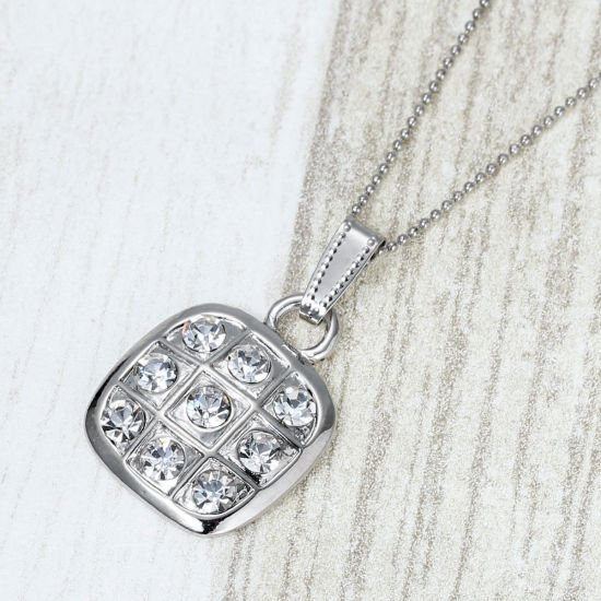 Picture of Jewelry Necklace Square Silver Tone Clear Rhinestone 44cm(17 3/8") long, 2 PCs