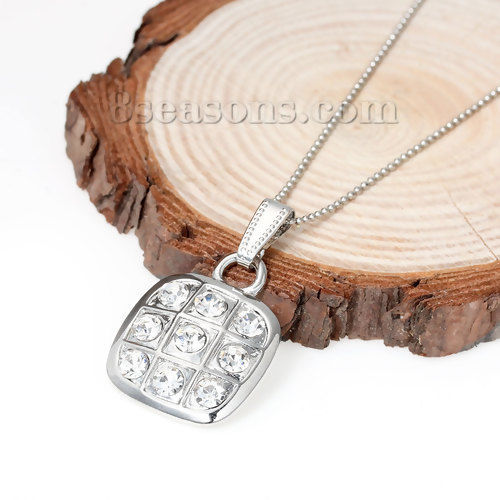 Picture of Jewelry Necklace Square Silver Tone Clear Rhinestone 44cm(17 3/8") long, 2 PCs