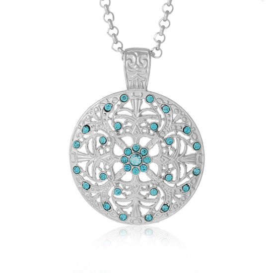 Picture of Jewelry Necklace Filigree Round Silver Tone Lake Blue Rhinestone Hollow 65cm(25 5/8") long, 1 Piece