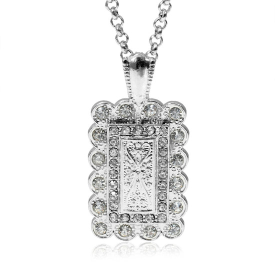 Picture of Jewelry Necklace Rectangle Silver Tone Clear Rhinestone 65cm(25 5/8") long, 1 Piece