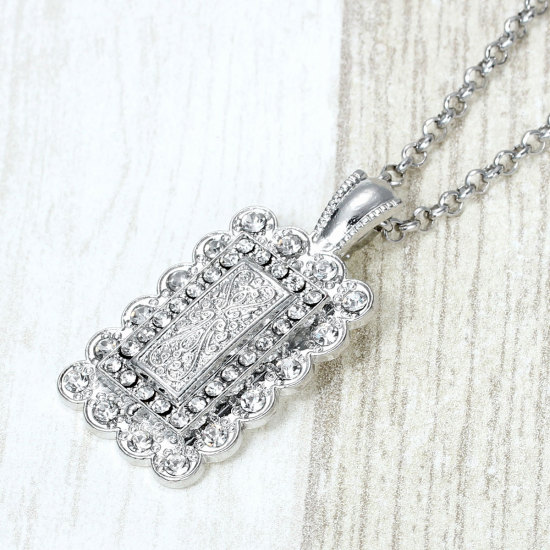 Picture of Jewelry Necklace Rectangle Silver Tone Clear Rhinestone 65cm(25 5/8") long, 1 Piece