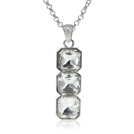 Picture of Jewelry Necklace Rectangle Silver Tone Clear Acrylic Rhinestone 64.5cm(25 3/8") long, 1 Piece