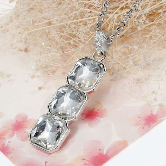Picture of Jewelry Necklace Rectangle Silver Tone Clear Acrylic Rhinestone 64.5cm(25 3/8") long, 1 Piece