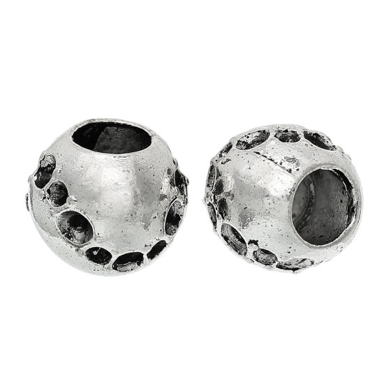 Picture of Zinc Metal Alloy European Style Large Hole Charm Beads Barrel Antique Silver Inlaid Diamonds About 12mm( 4/8") x 10mm( 3/8"), Hole: Approx 5.6mm, 30 PCs