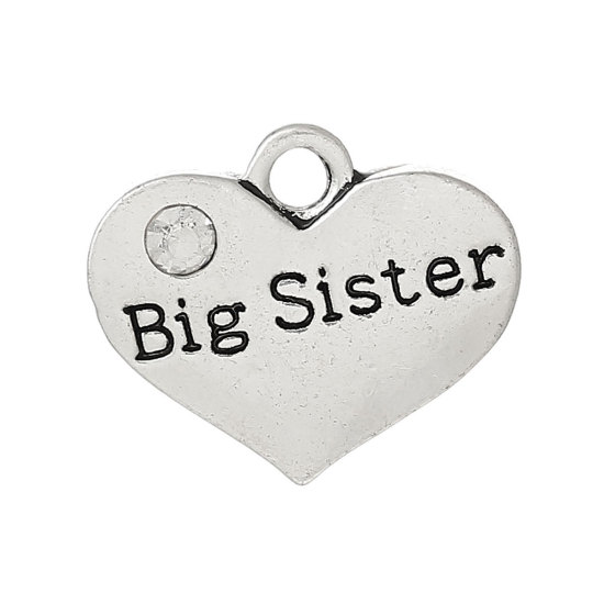 Picture of Charm Pendants Heart Antique Silver "Big Sister" Carved Clear Rhinestone 17mm x 14mm,20PCs